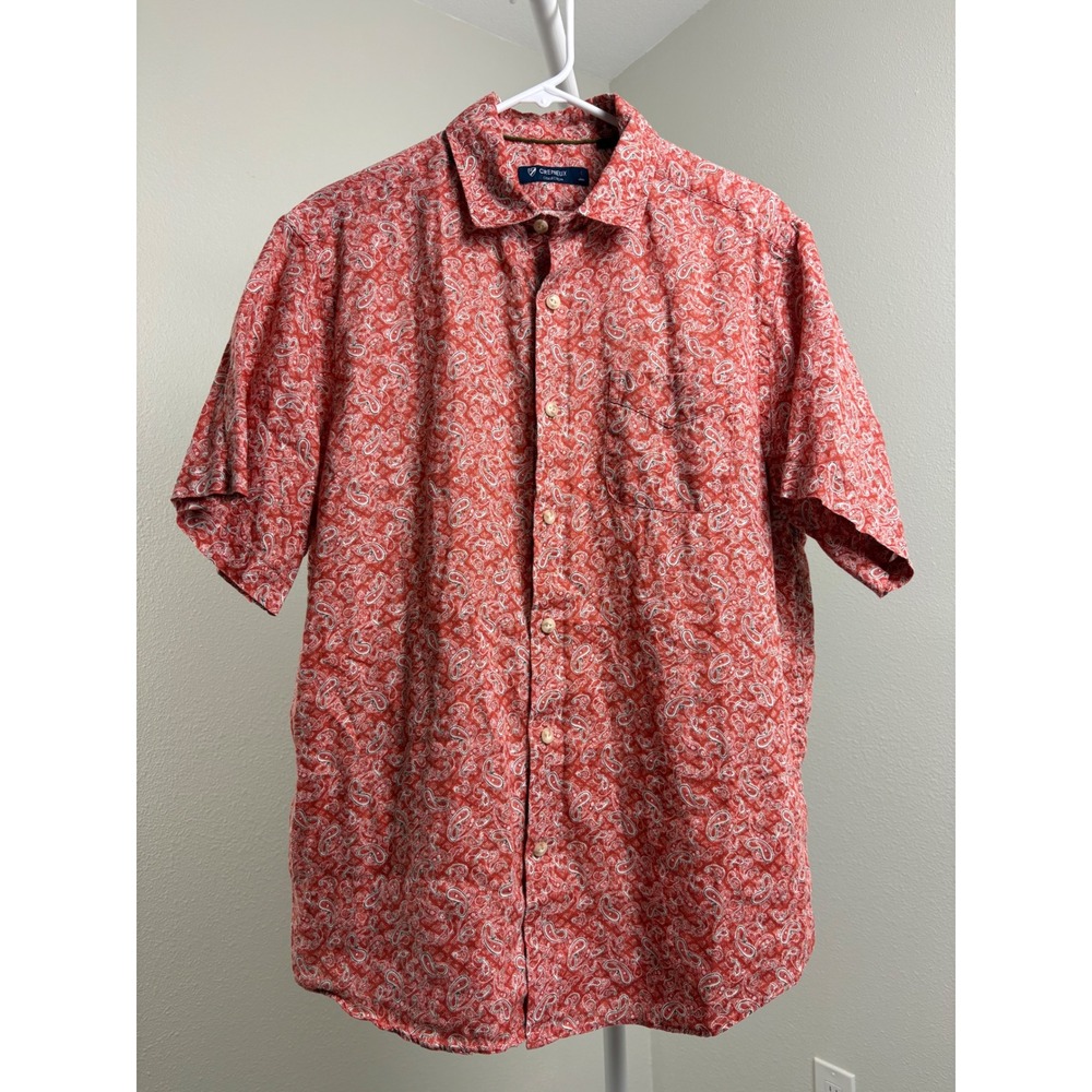 Cremieux Collection Mens Red Paisley 100% Linen Short Sleeve Button Shirt Large